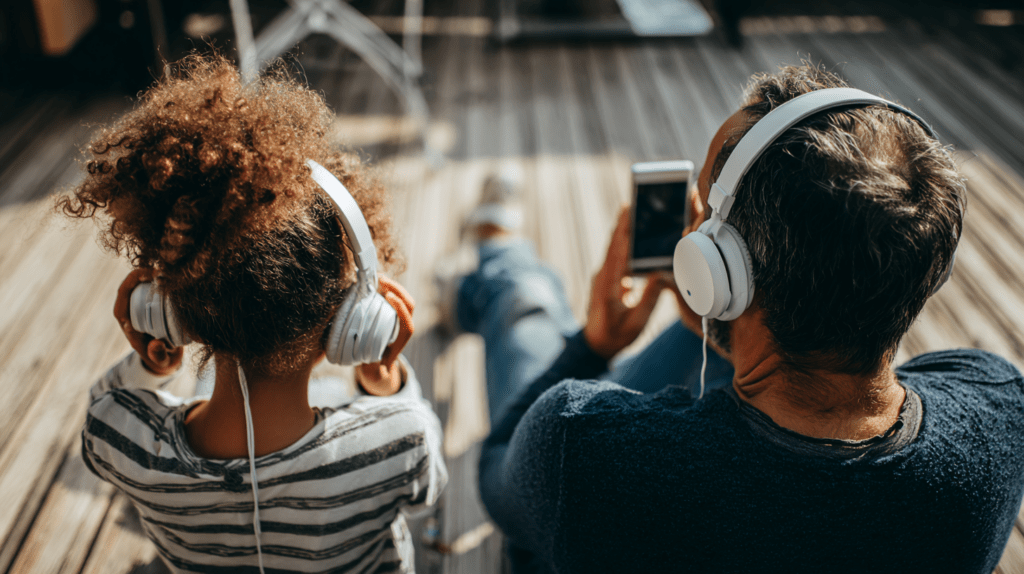 Vader en dochter luisteren podcast met headphones